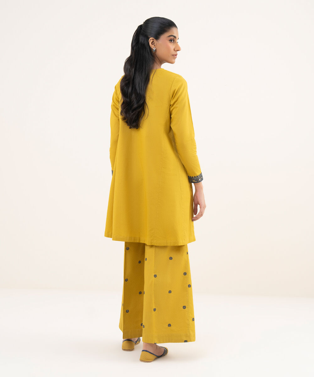 Women's RTW Textured Cotton Yellow Embroidered A-Line Shirt