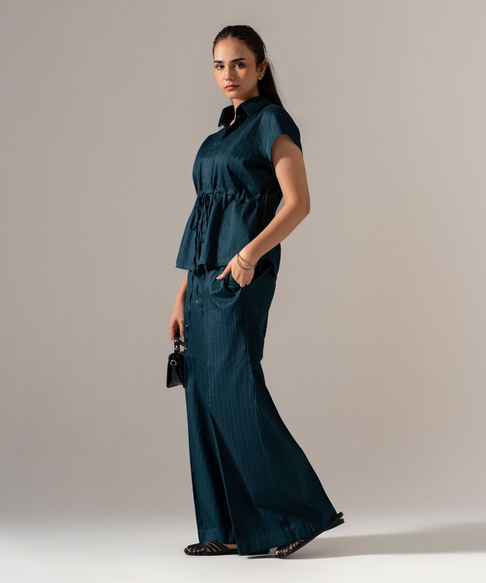 Women's RTW Dobby Strip Solid Green 2 Piece Suit