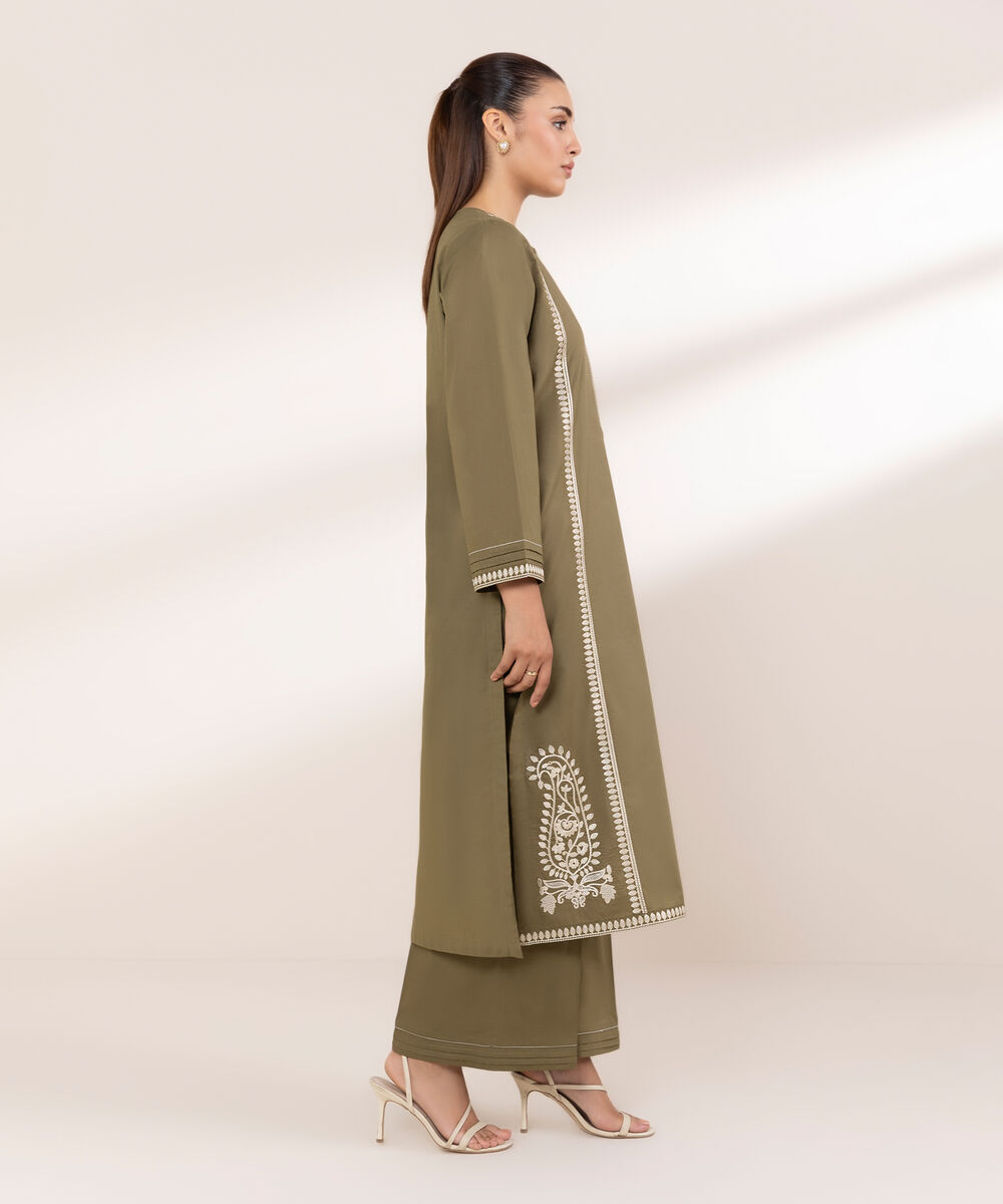 Women's RTW Textured Lawn Green Embroidered A-Line Shirt