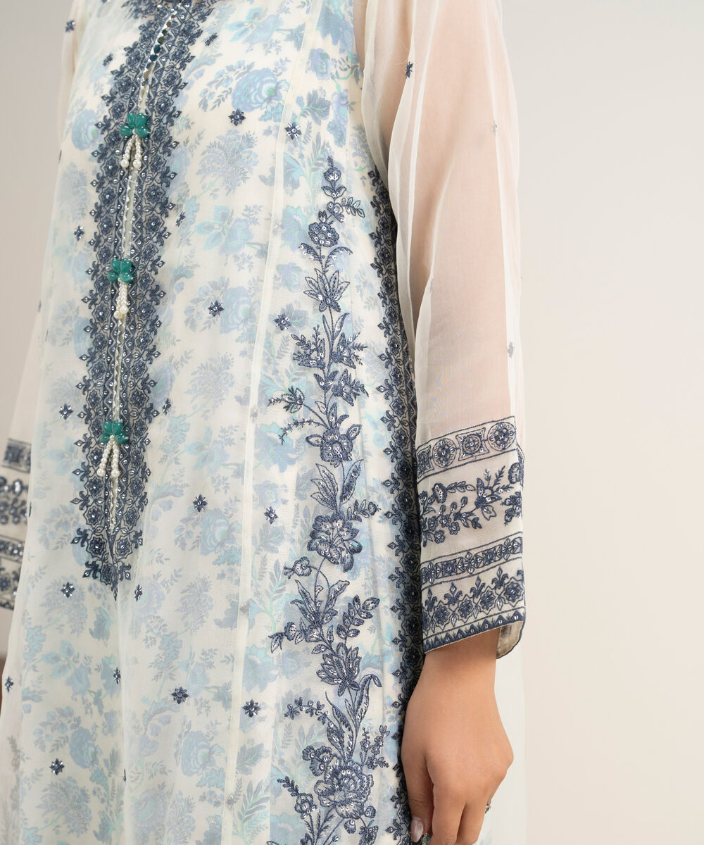 Women's RTW Blended Organza Embroidered Off White 3 Piece Suit