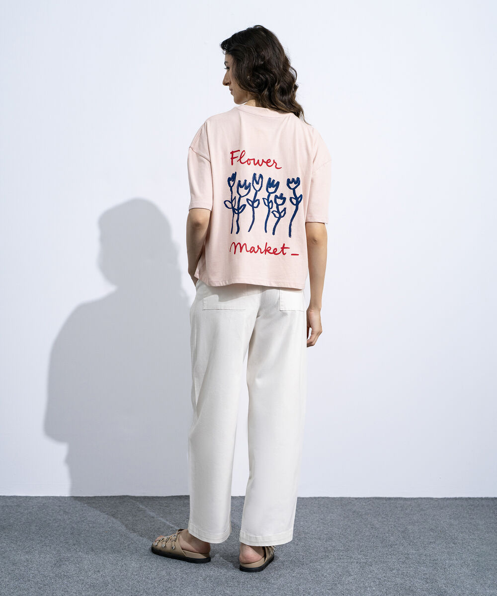 Women's Pink Loose-Fit Graphic T-Shirt With Pocket