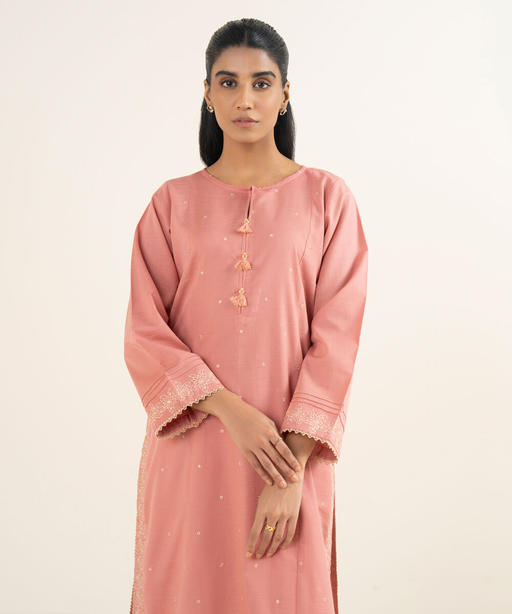 Women's RTW Light Khaddar Embroidered Pink A-Line Shirt