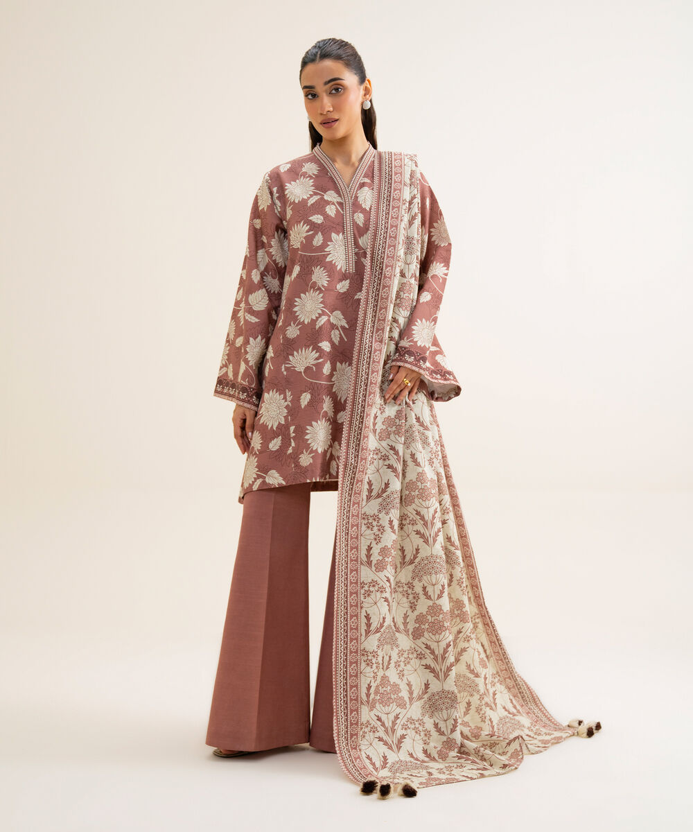 Women's Unstitched Premium Khaddar Printed Brown 3 Piece Suit