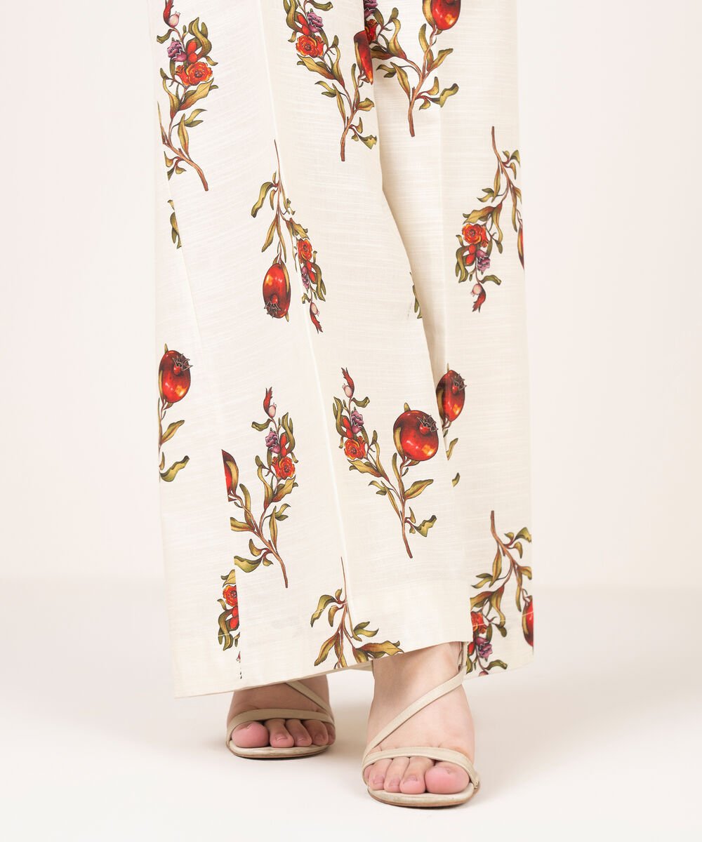 Women's RTW Khaddar Printed Off White Flared Pants