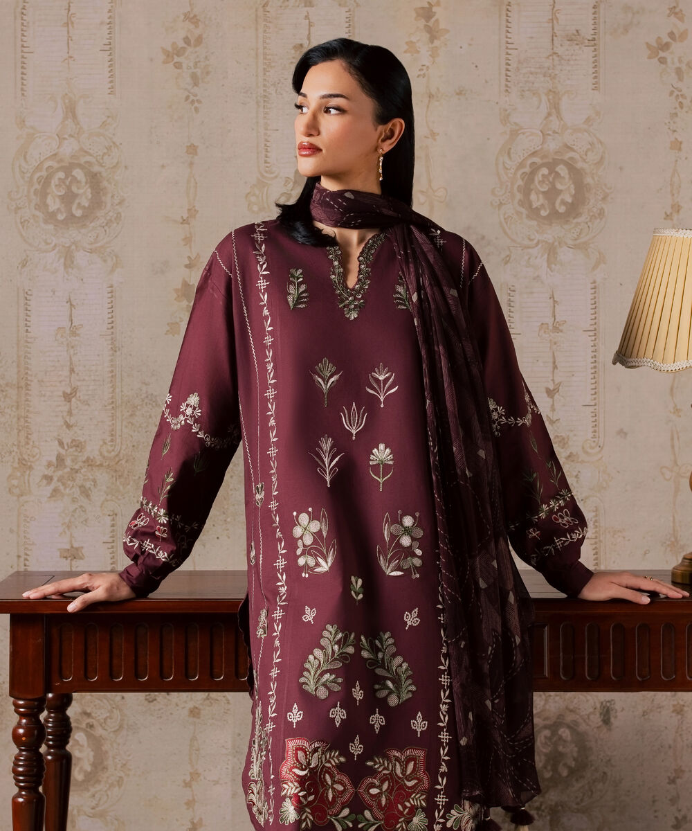 Women's Unstitched Textured Lawn Embroidered Red 3 Piece Suit