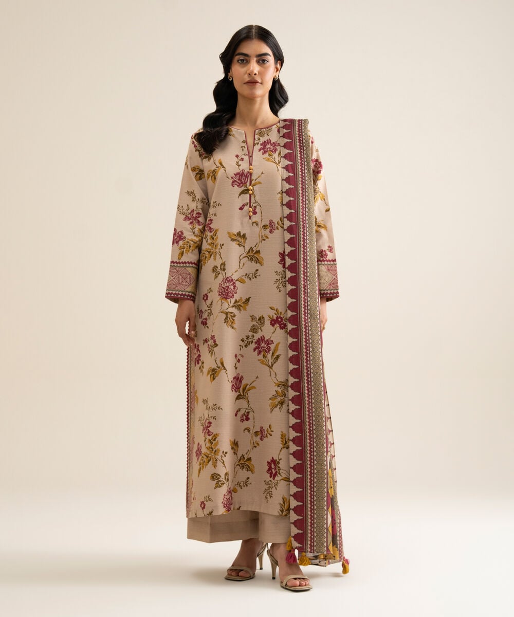 Women's Unstitched Premium Khaddar Printed Beige 3 Piece Suit
