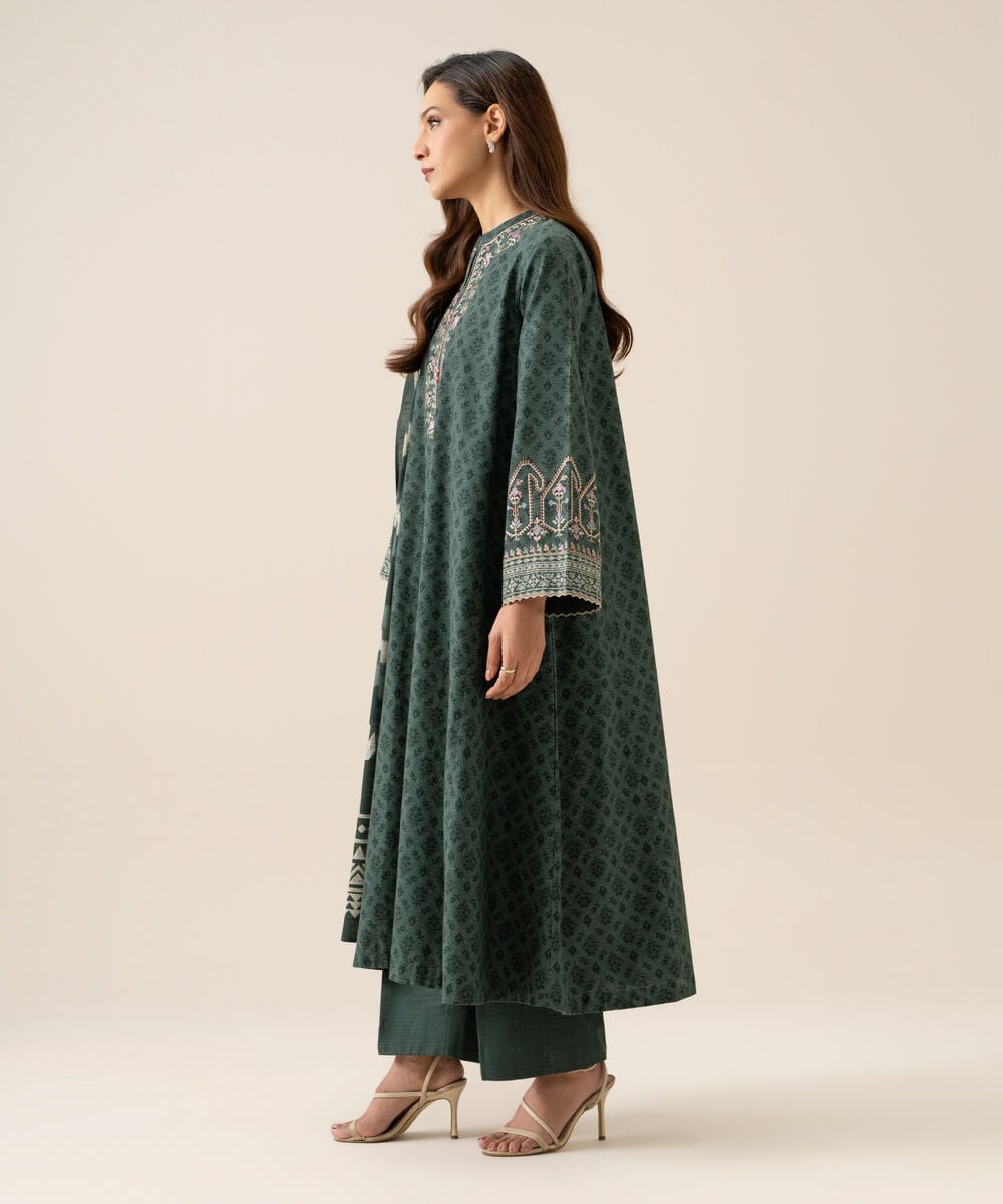 Women's Unstitched Light Khaddar Embroidered Green 3 Piece Suit