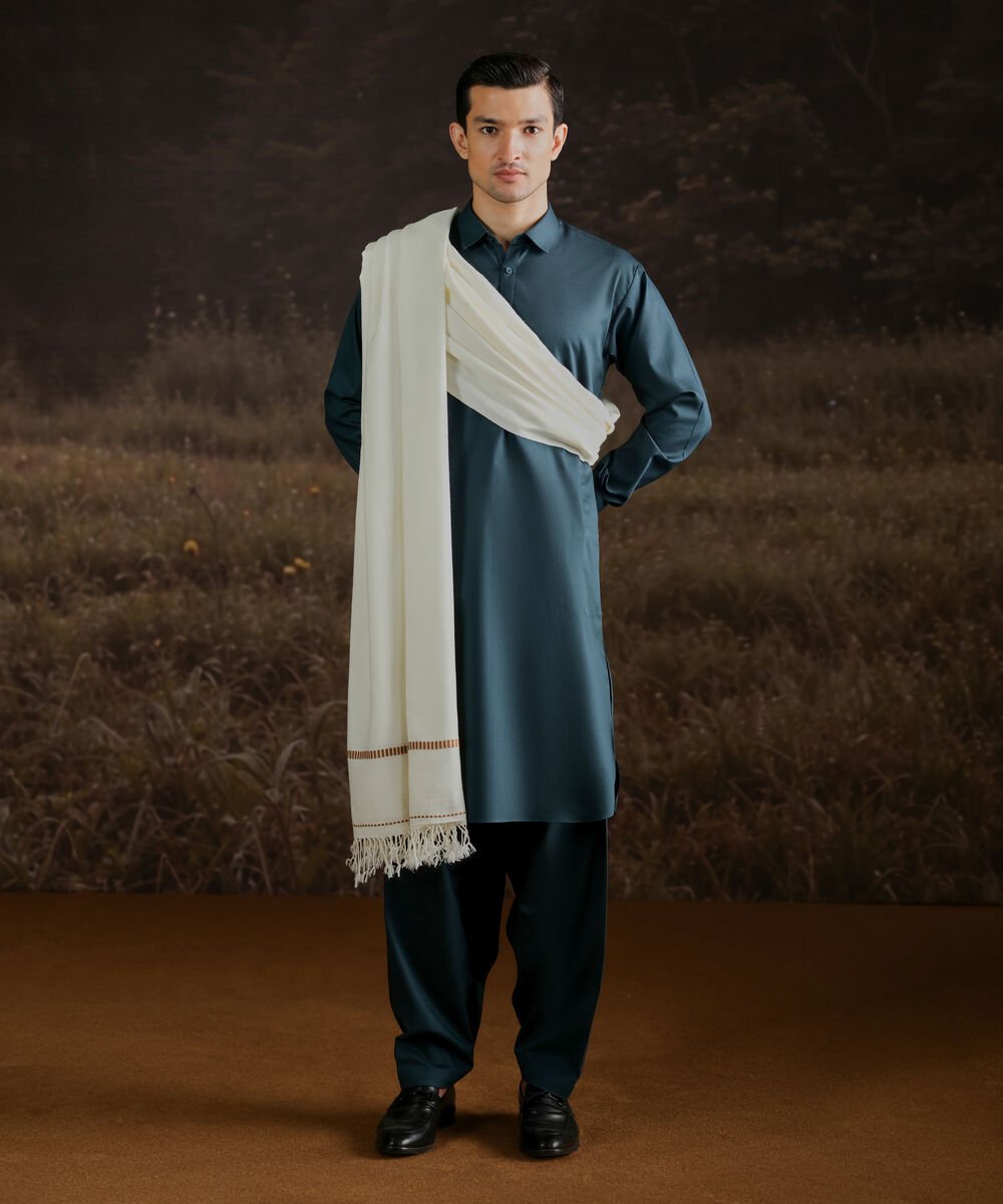 Wool Blended Shawl Men Wool Blended Off-White Shawl