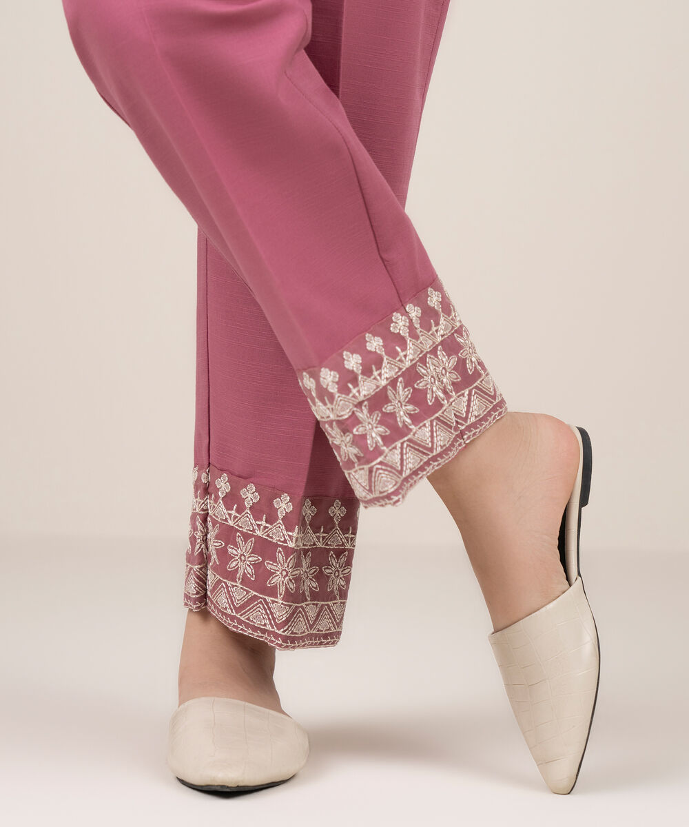 Women's RTW Khaddar Embroidered Pink Straight Pants