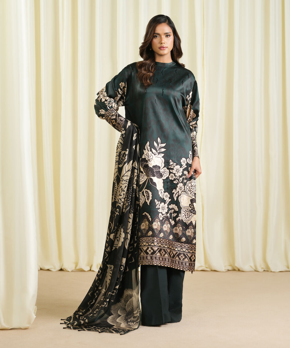 Women's Unstitched Blended Satin Printed Green 3 Piece Suit