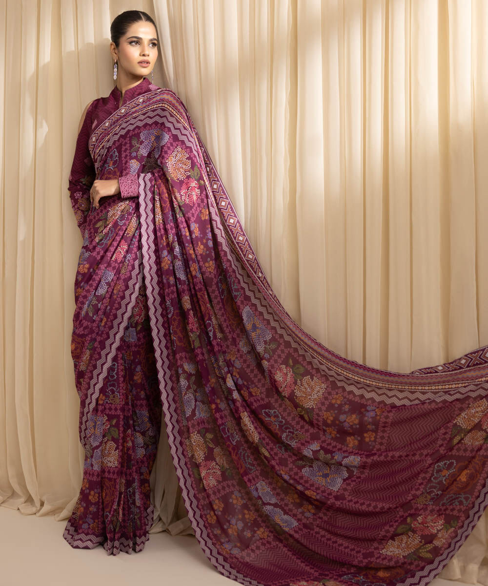 Women's Embroidered Raw Silk Purple Saree