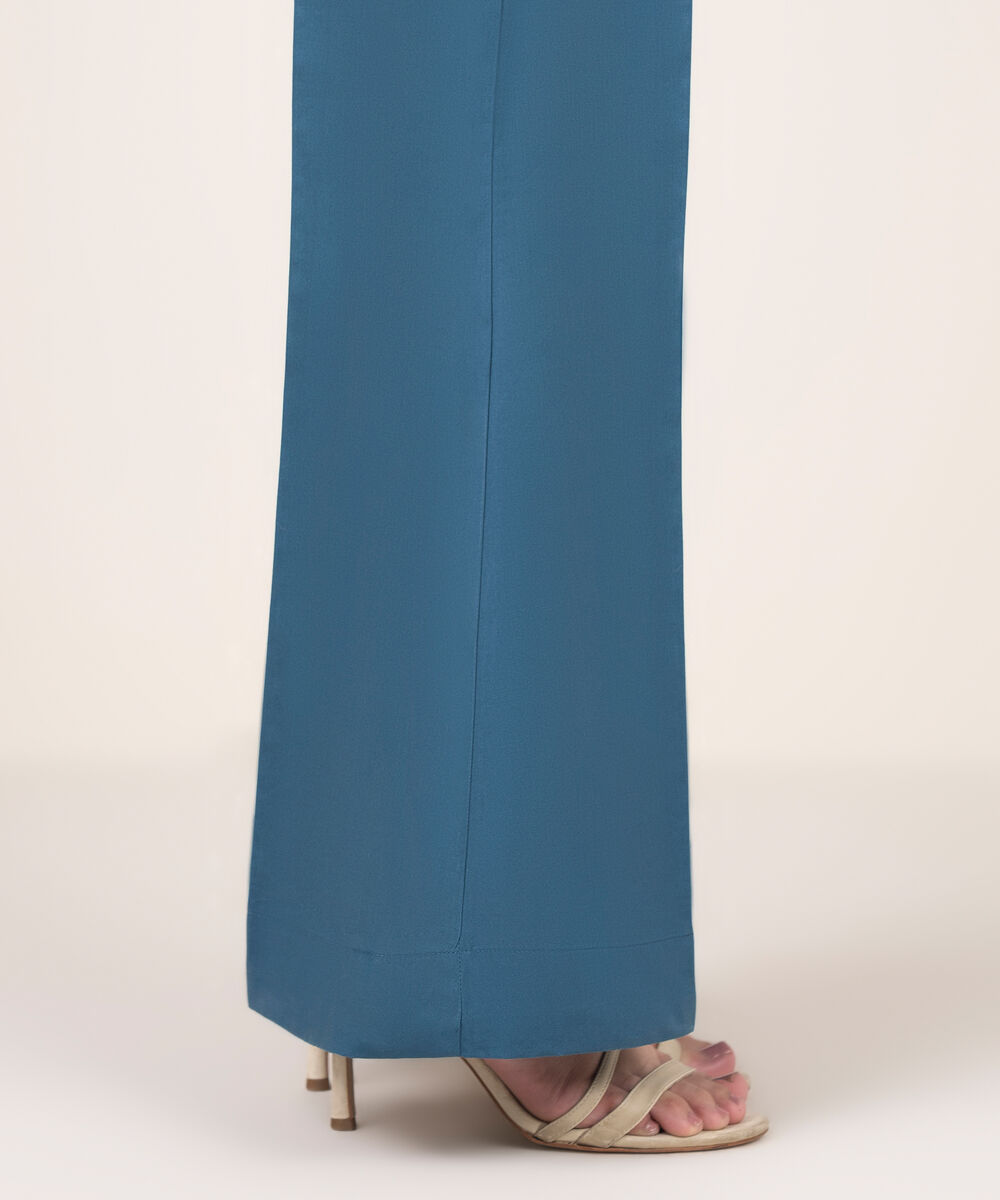 Women's RTW Cotton Solid Blue Boot Cut Pants