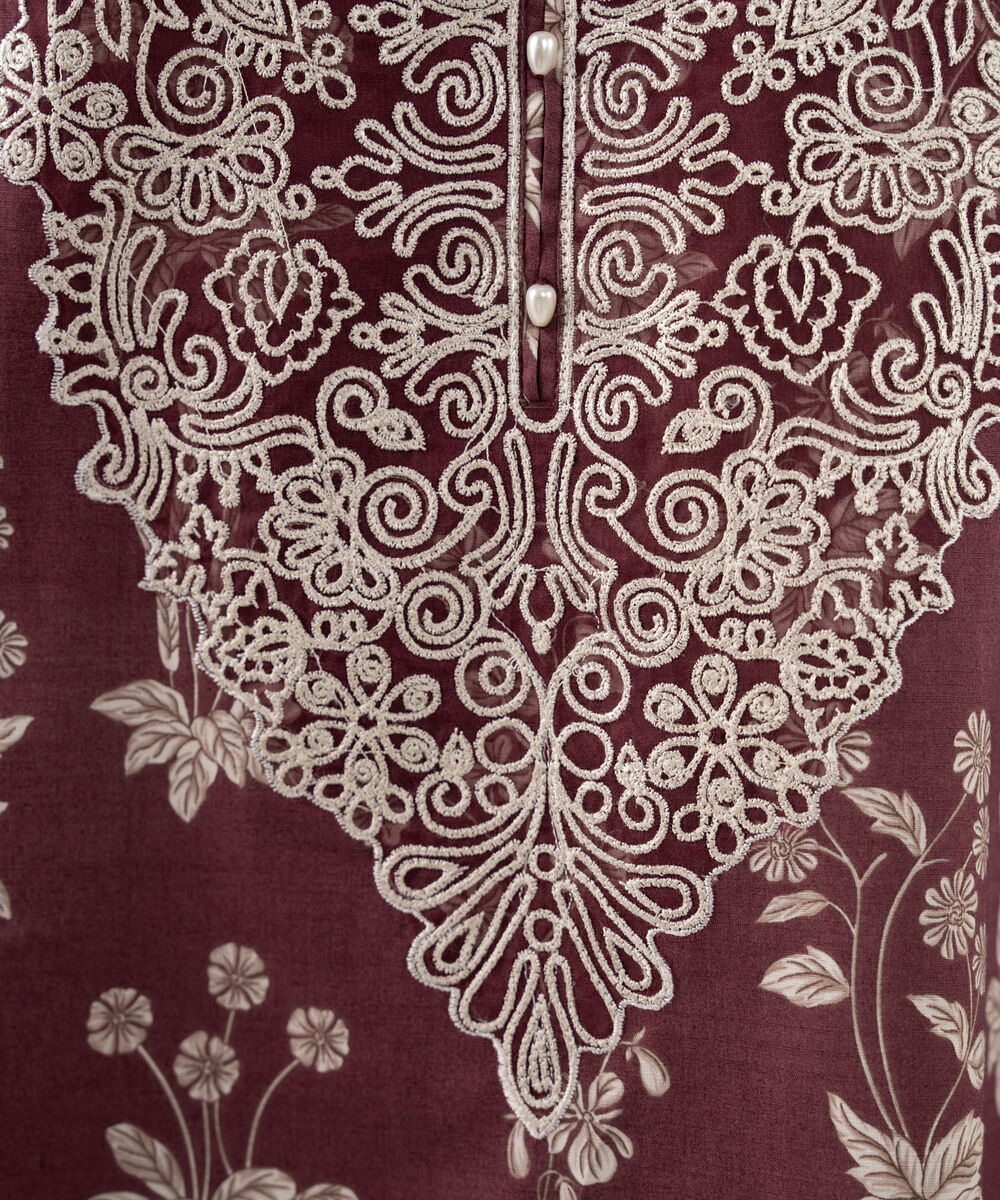 Women's RTW Cotton Embroidered Maroon 2 Piece Suit