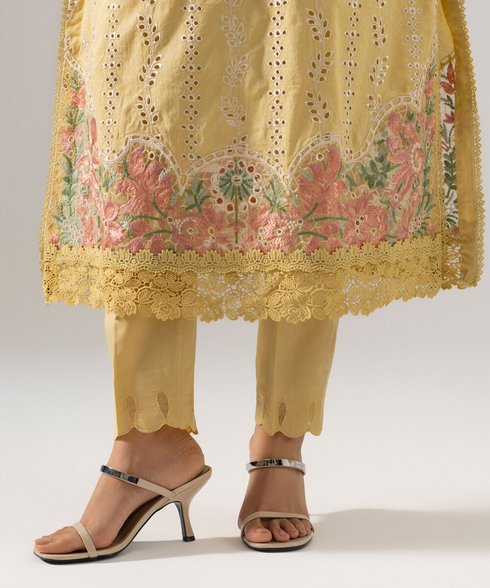 Women's RTW Self Jacquard Solid Embroidered Pale Yellow 3 Piece Suit