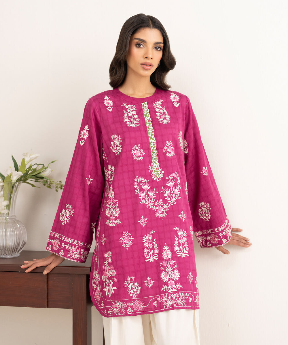 Women's RTW Dobby Embroidered Pink Straight Shirt