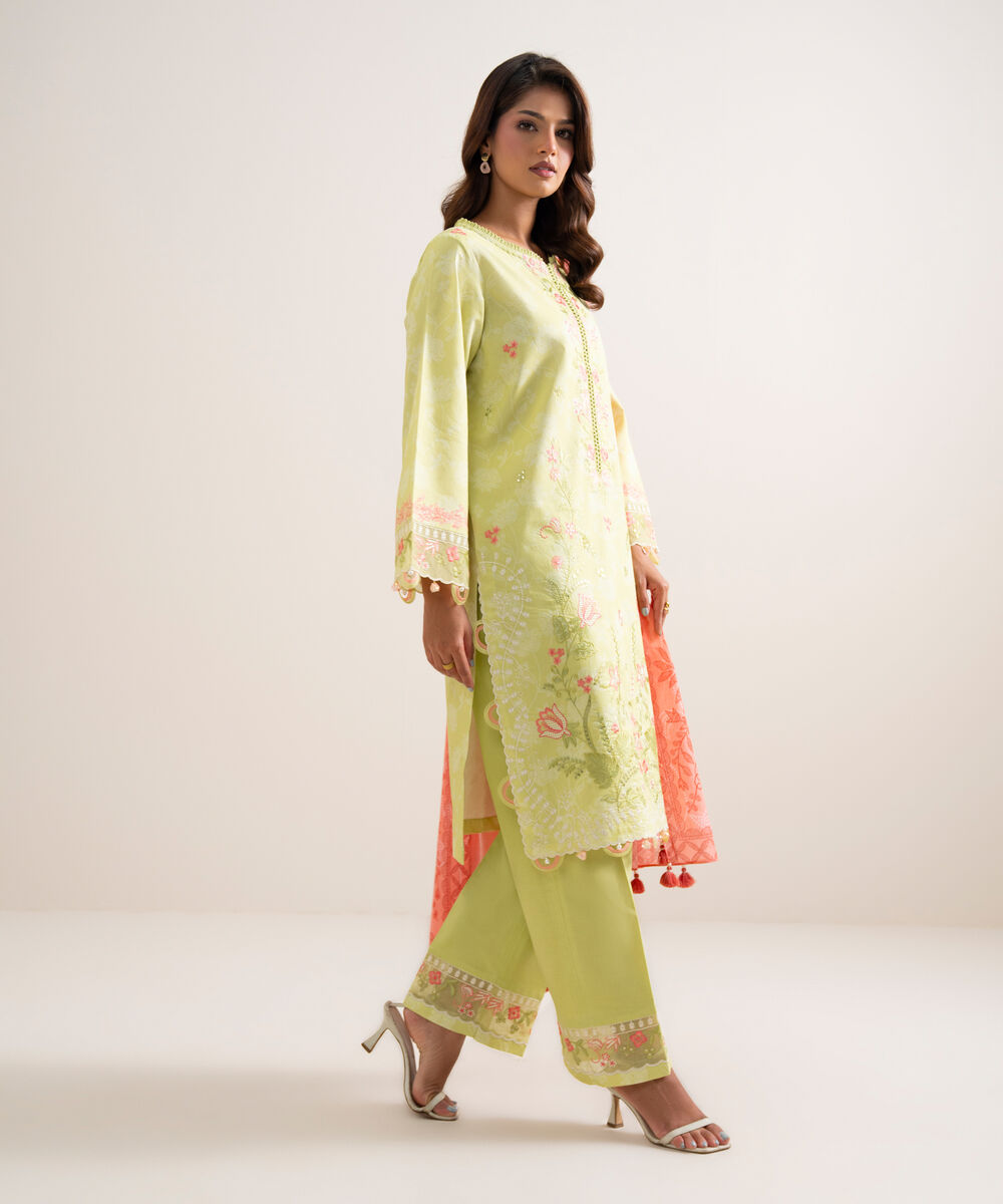 Women's Unstitched Lawn Embroidered Yellow  3 Piece Suit