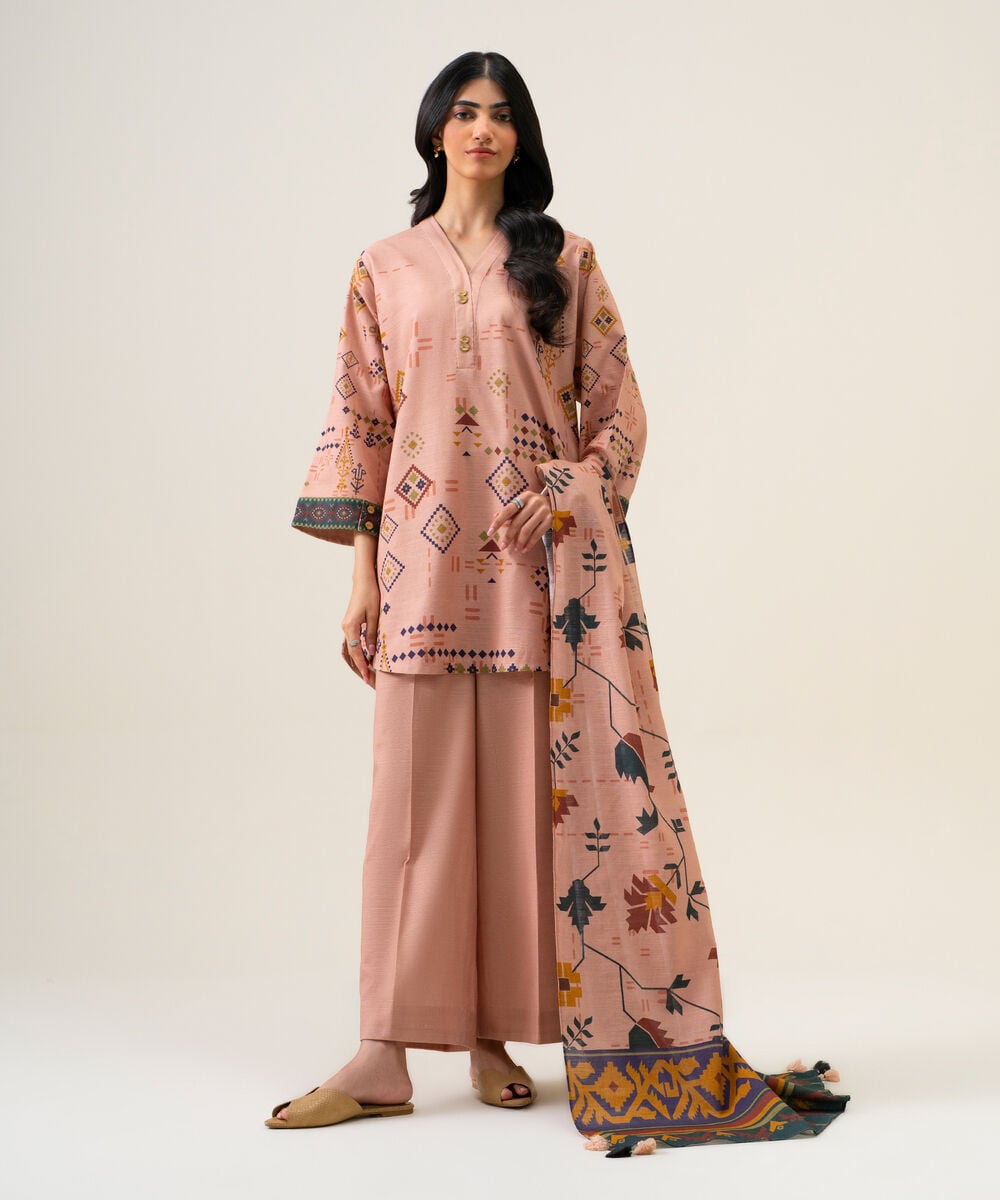 Womens Unstitched Premium Khaddar Printed Pink 3 Piece Suit