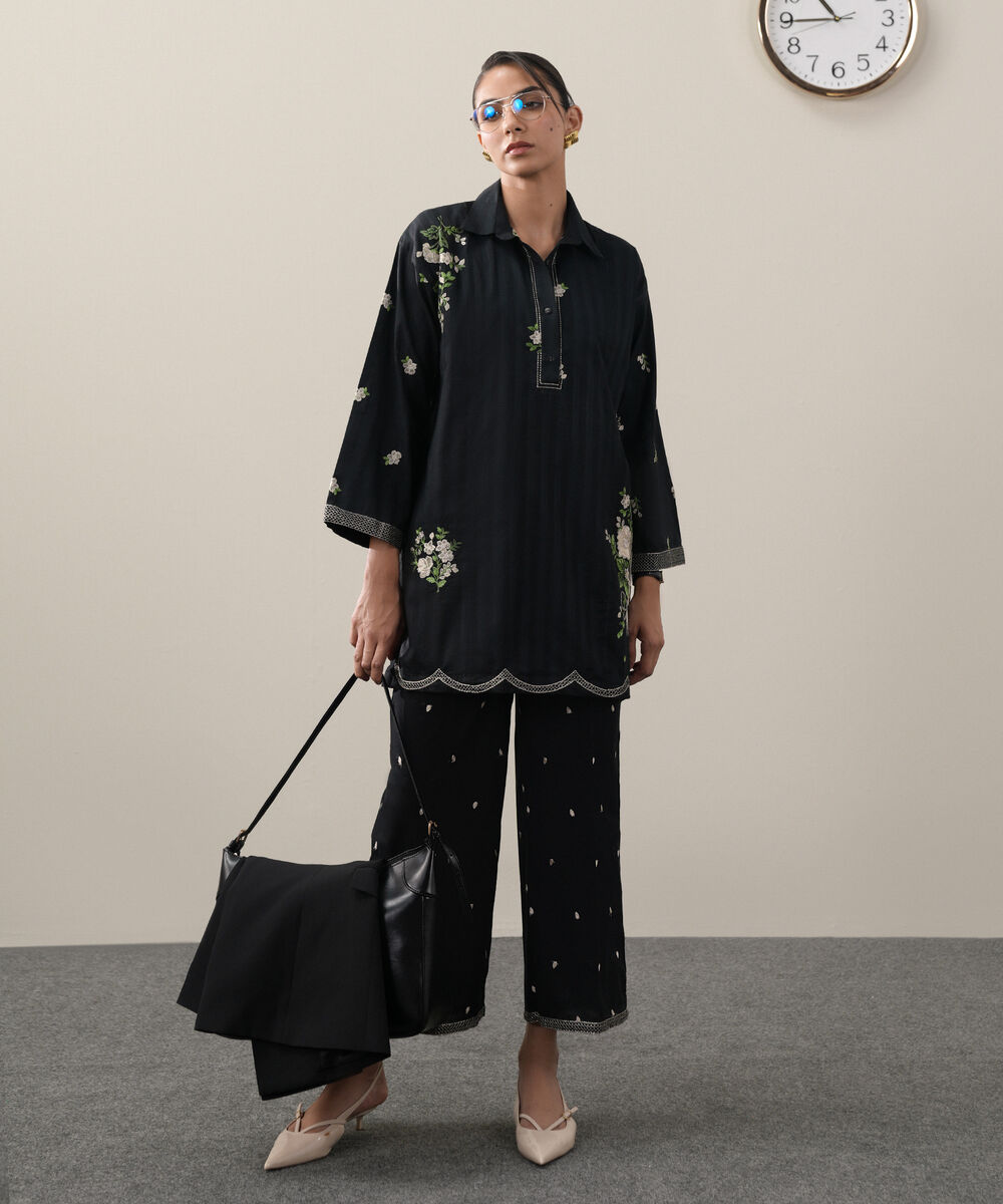 Women's RTW Textured Lawn Black Embroidered Drop Shoulder Shirt