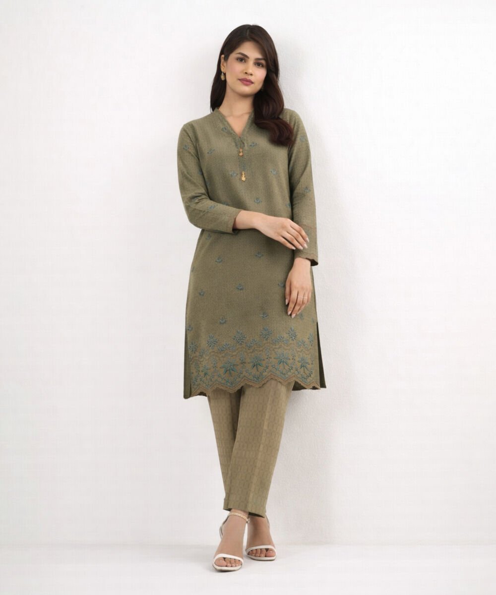 Women's Unstitched 3D Dobby Olive Green  3 Piece Suit