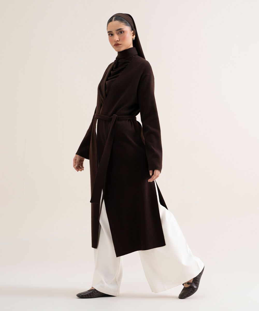 Women's Dark Brown Solid Sweater-Knit Abaya Set