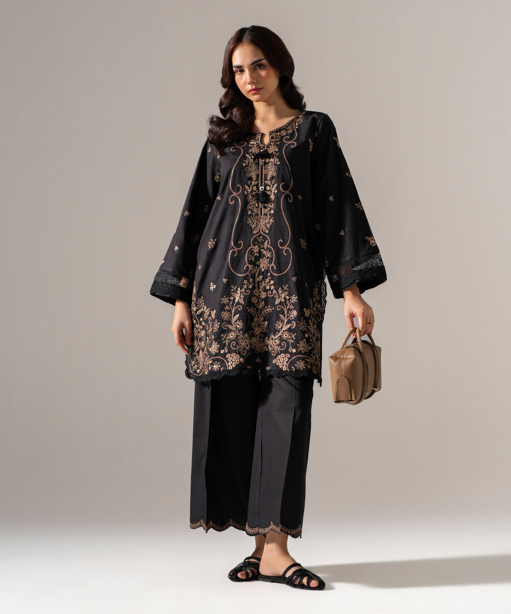 Women's RTW Self Jacquard Solid Embroidered Black 2 Piece Suit