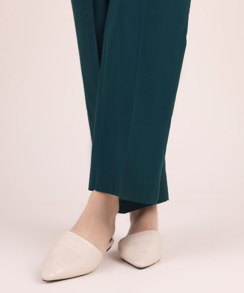 Women's RTW Cambric Solid Green Straight Pants