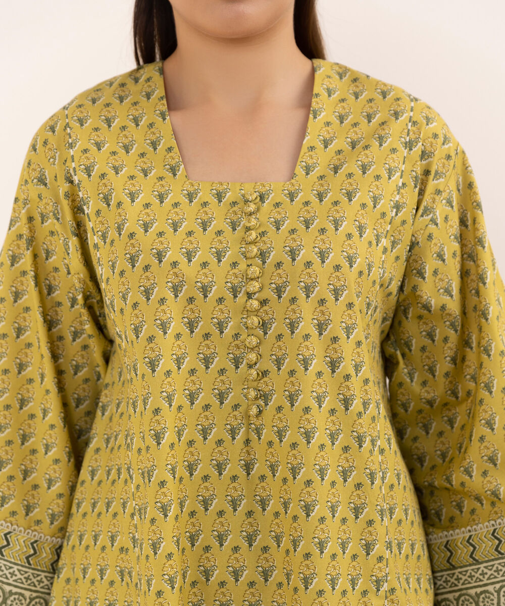 Women's Unstitched Cotton Printed Mustard Three Piece Suit