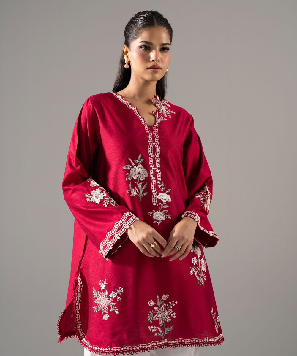 Women's RTW Cotton Net Solid Embroidered Red 2 Piece Suit