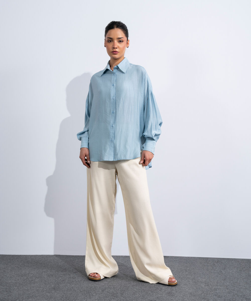 Women's Western Light Blue Oversized Textured Shirt