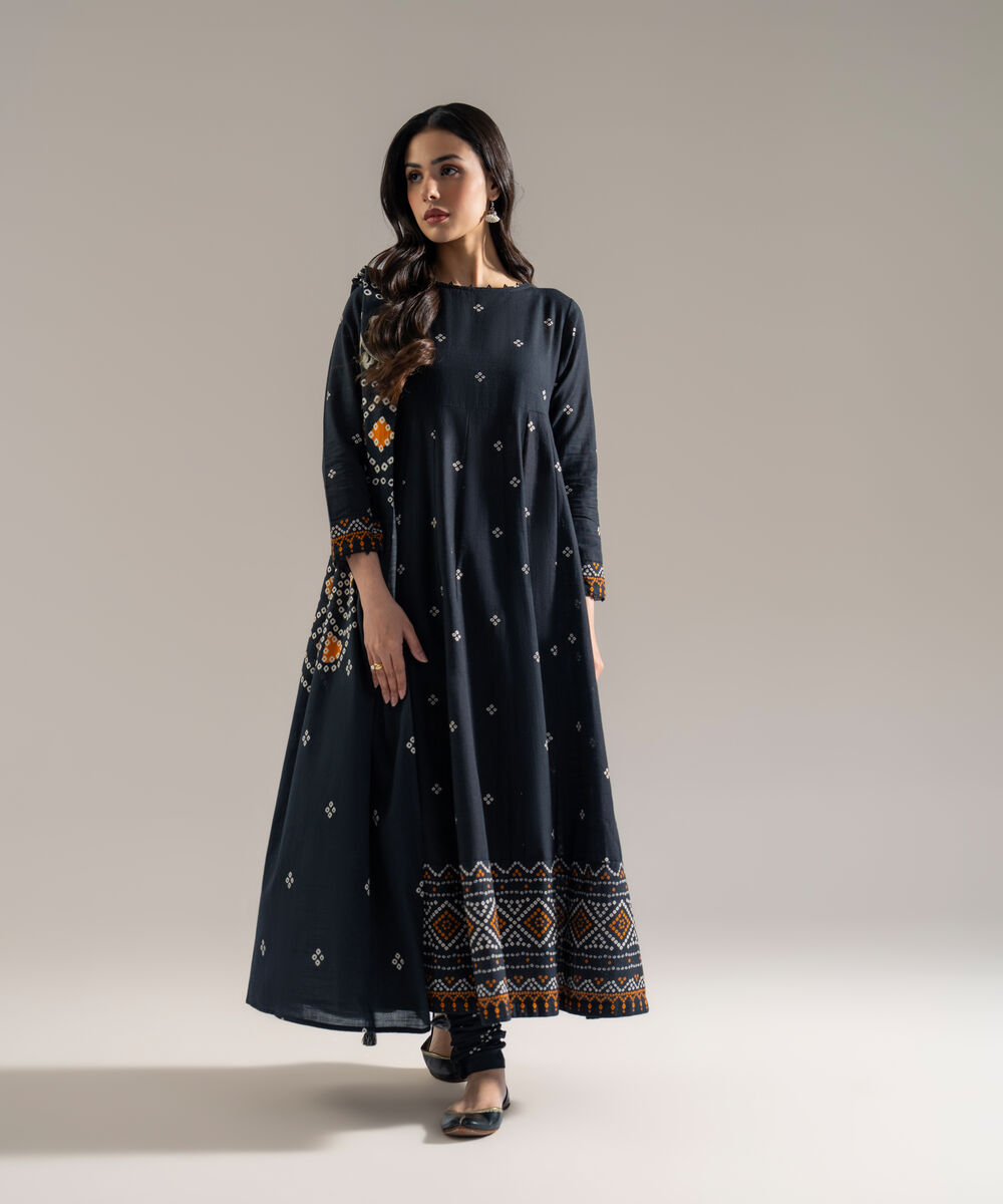 Women's RTW Khaddar Printed Black 3 Piece Suit