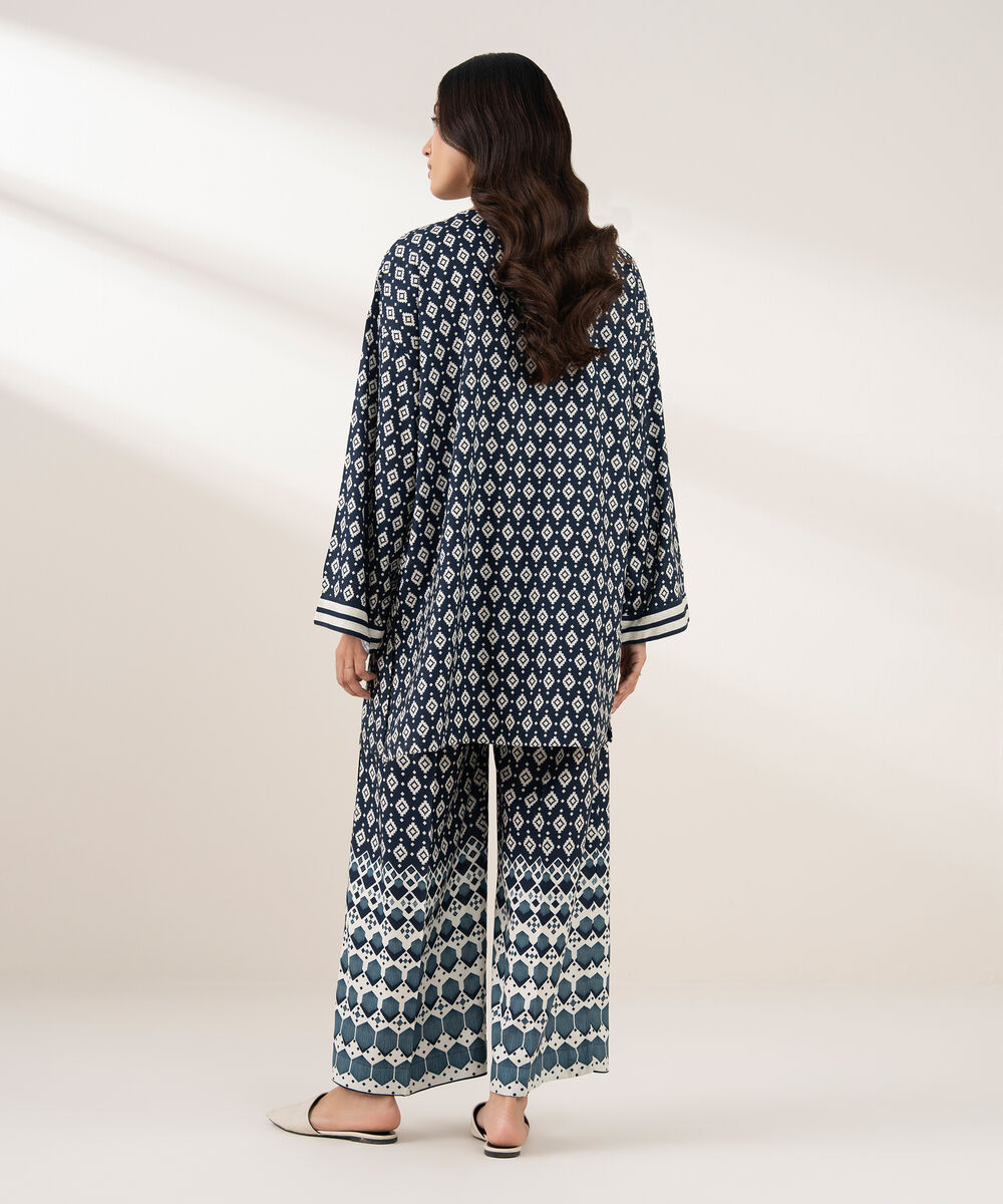 Women's RTW Viscose Linen Printed Straight Blue Shirt