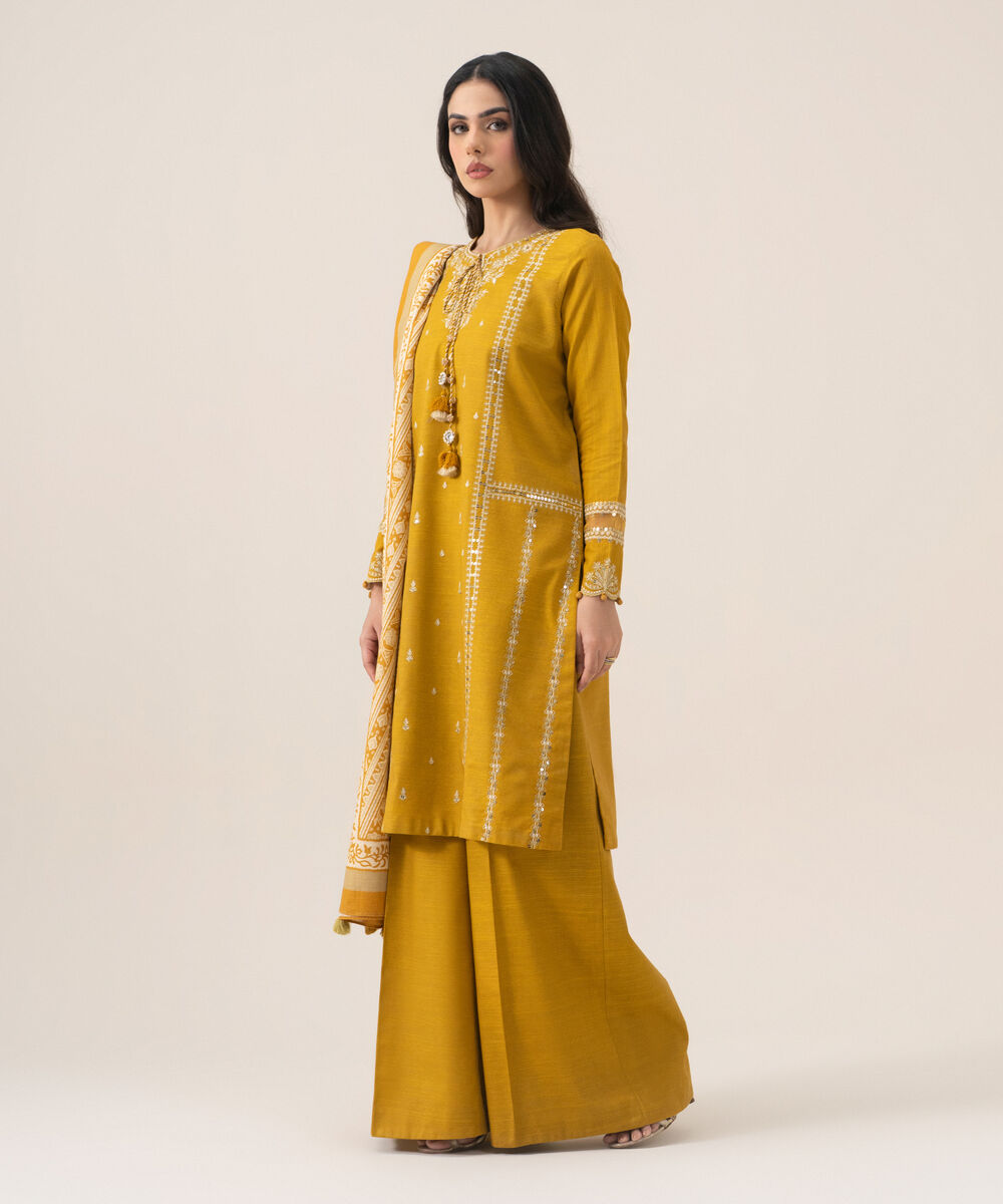 Women's Unstitched Lawn Embroidered Yellow 3 Piece Suit