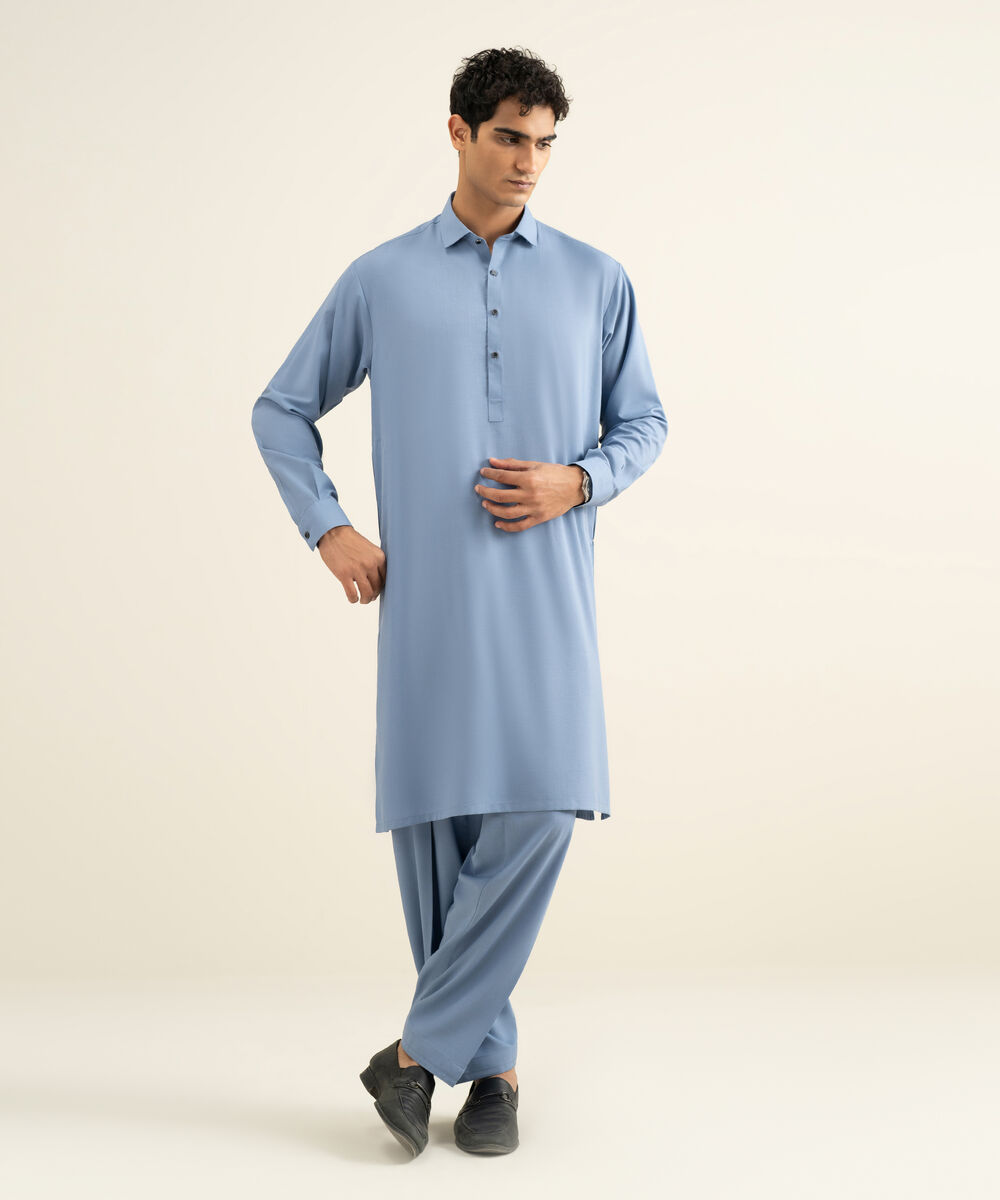 Men's Stitched Blended Linen Blue Suit