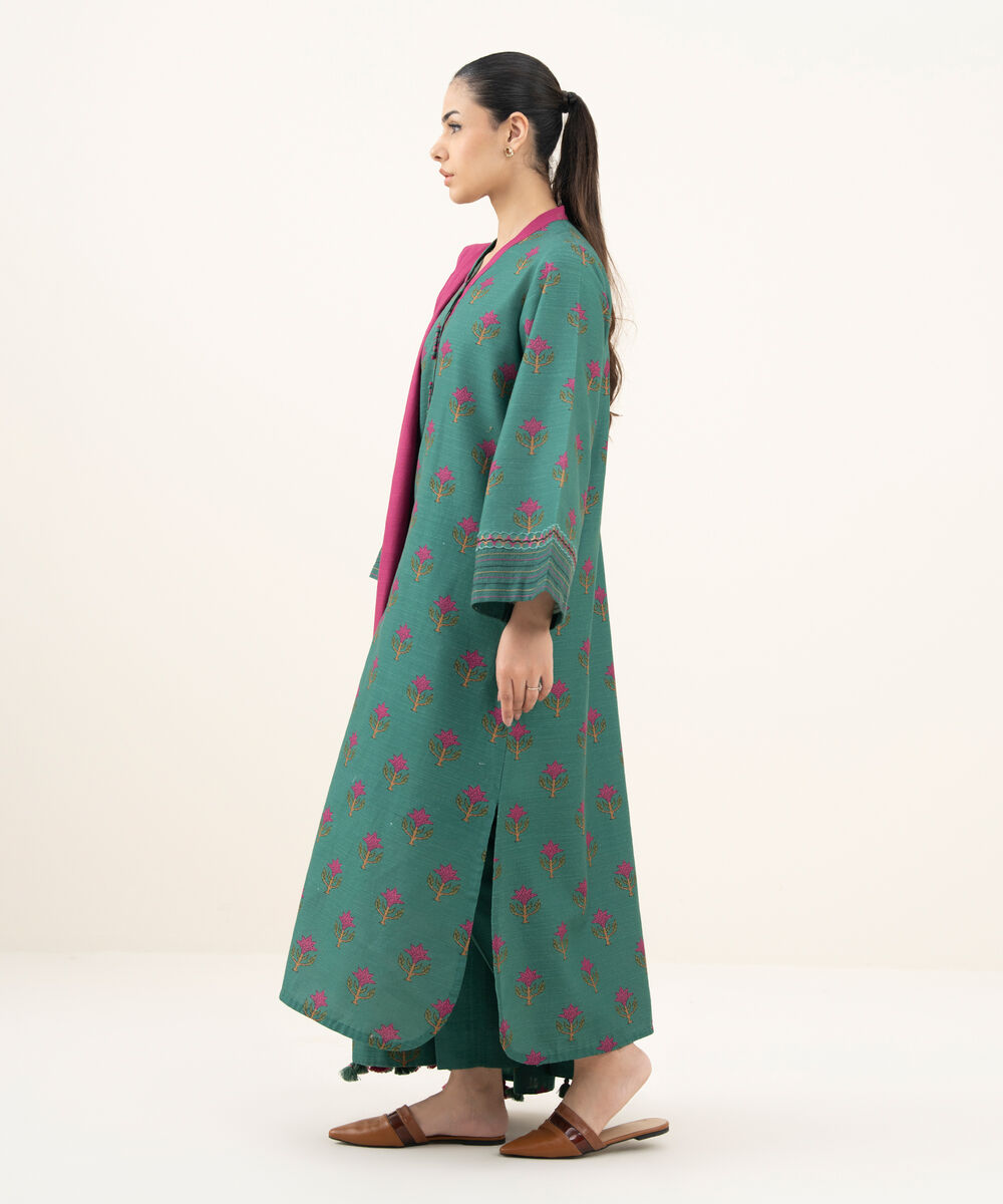 Women's Unstitched Printed Khaddar Teal Green 3 Piece Suit