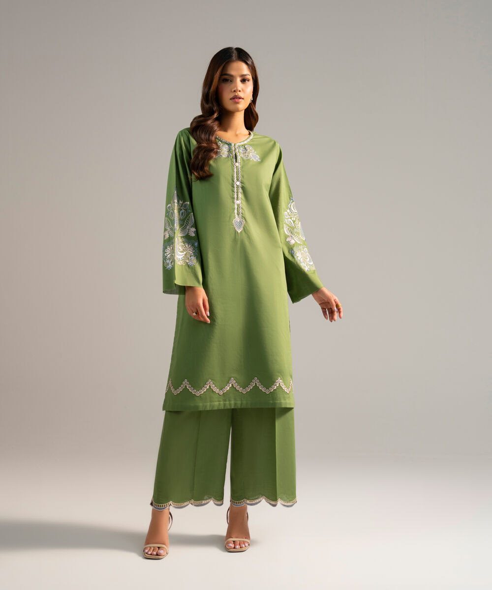 Women's RTW Crosshatch Embroidered Green Straight Shirt
