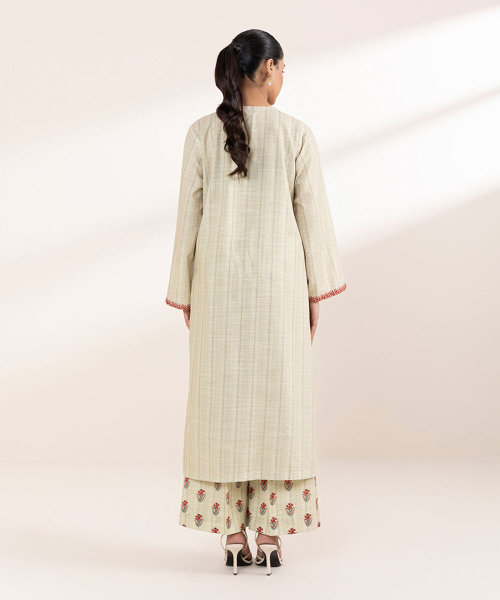 Women's Pret Printed Embroidered Beige Khaddar A Line Shirt
