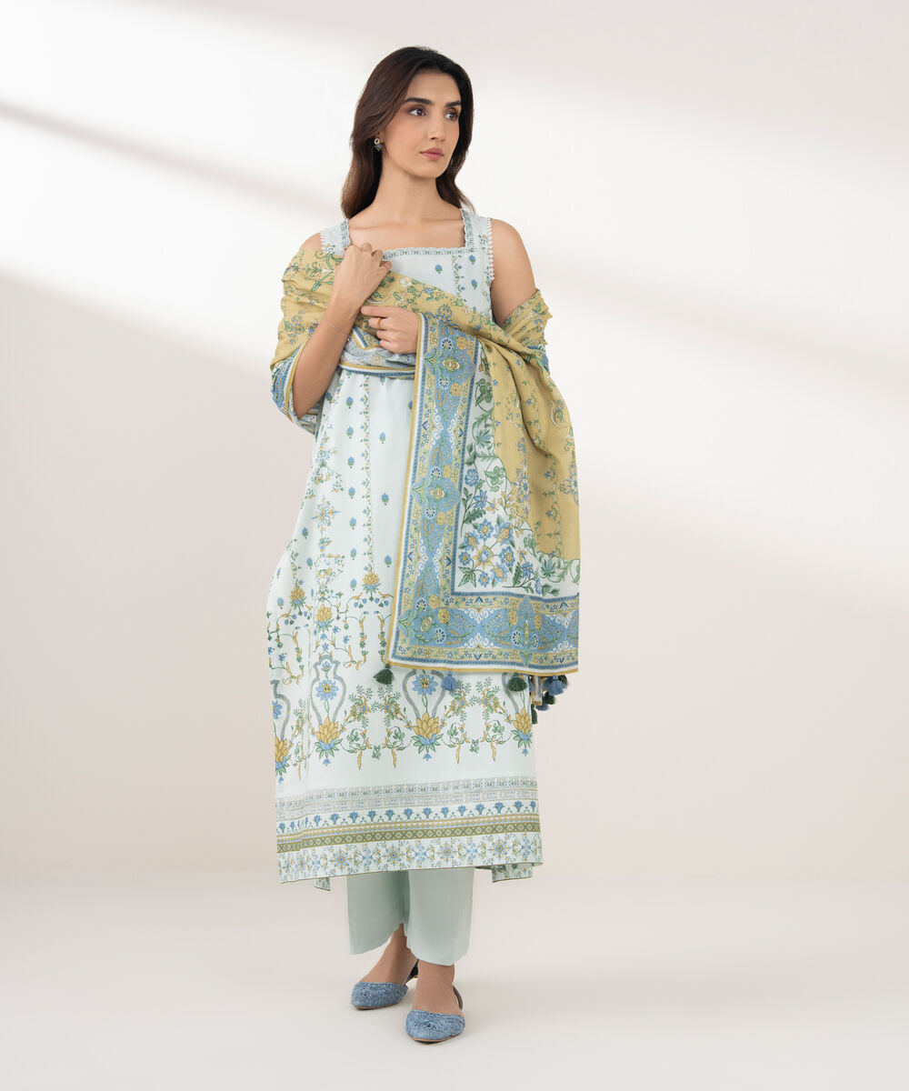 Women's Unstitched Lawn Printed Blue 3 Piece Suit