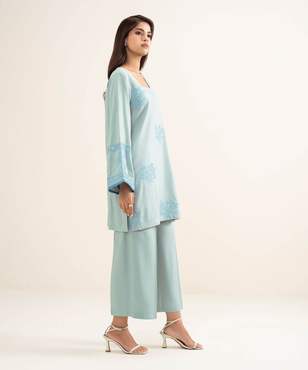 Women's RTW Cotton Viscose Embroidered Blue Straight Shirt