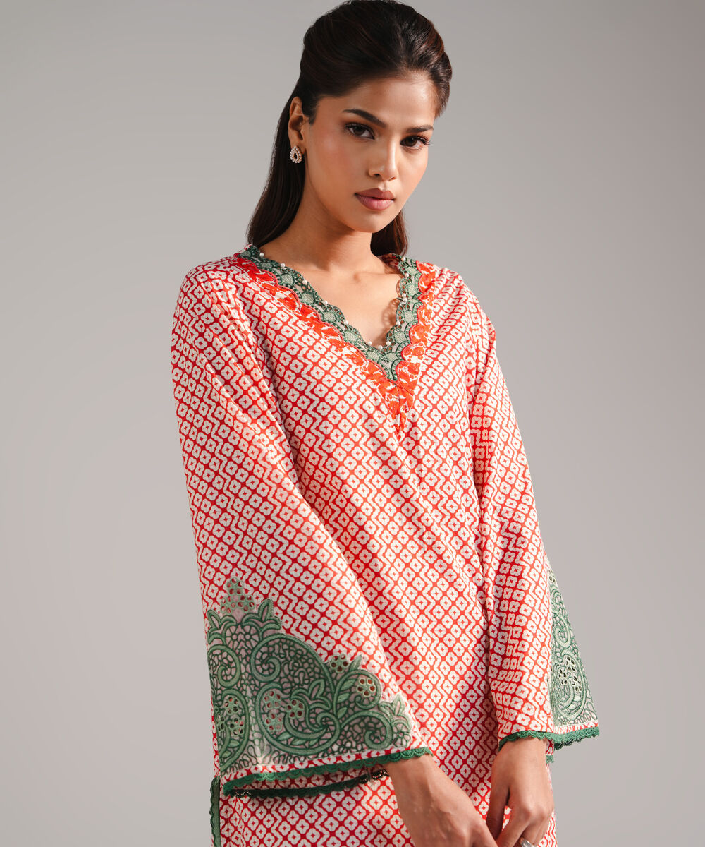 Women's RTW Lawn Embroidered Red Straight Shirt