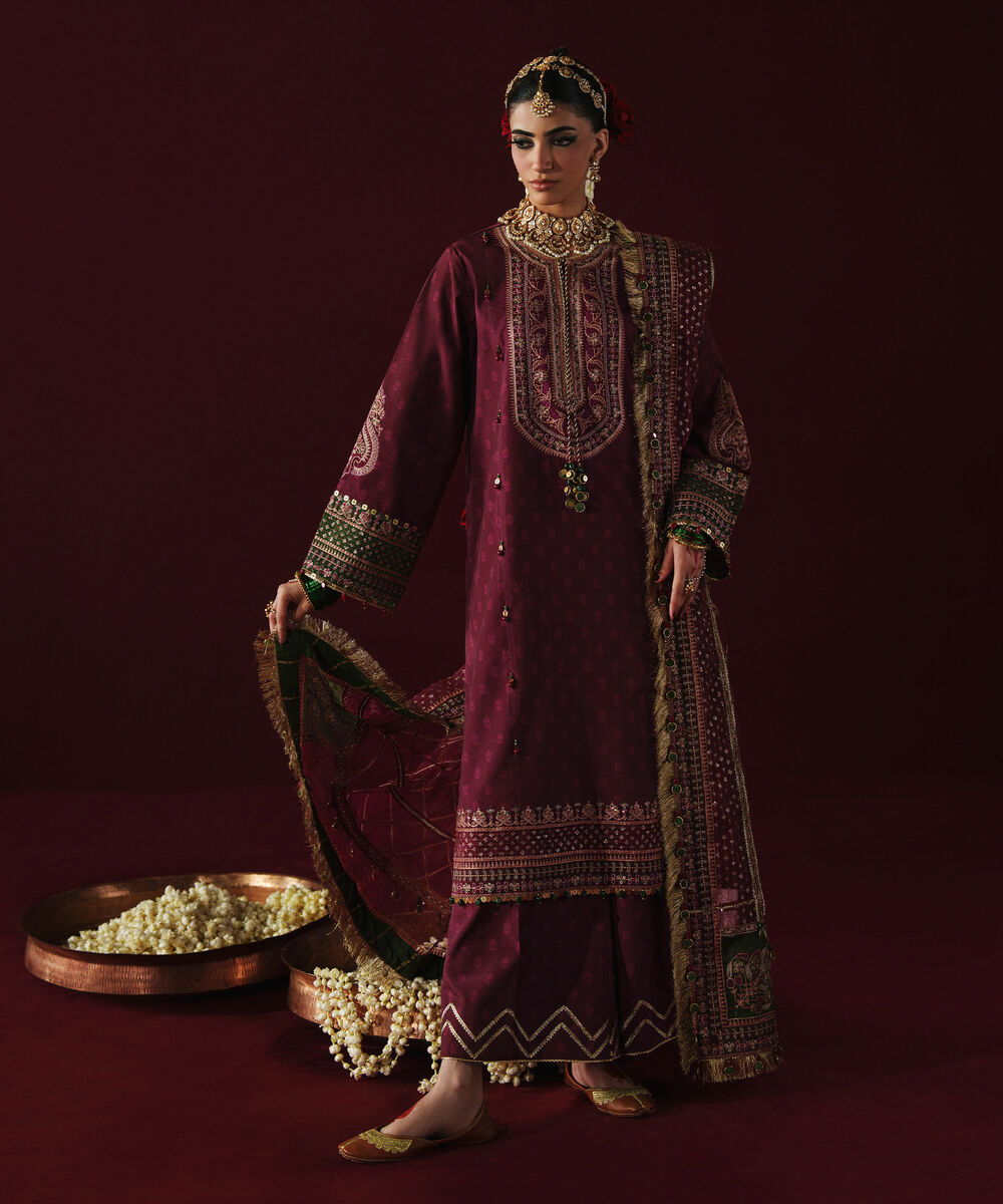 Women's Unstitched Printed Blended Grip Silk Plum 3 Piece Suit