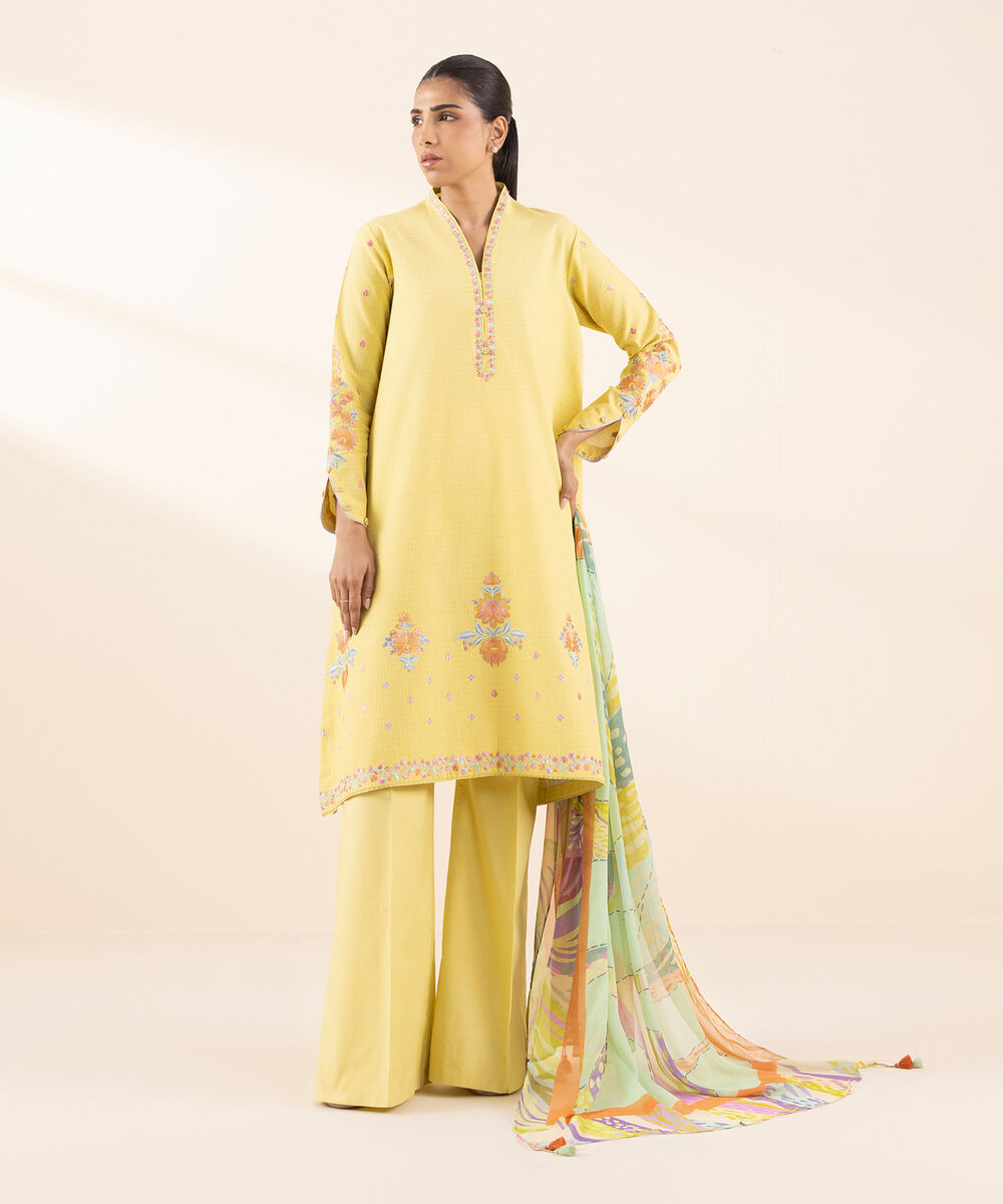 Women's Unstitched Dobby Embroidered Yellow 3 Piece Suit
