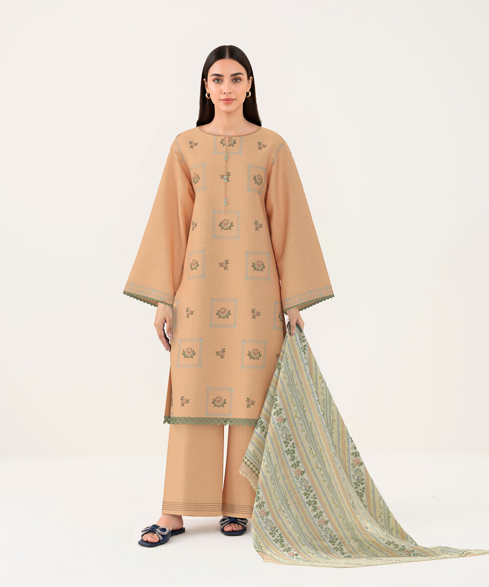 Women's Unstitched Self Jacquard Peach Embroidered 3 Piece Suit