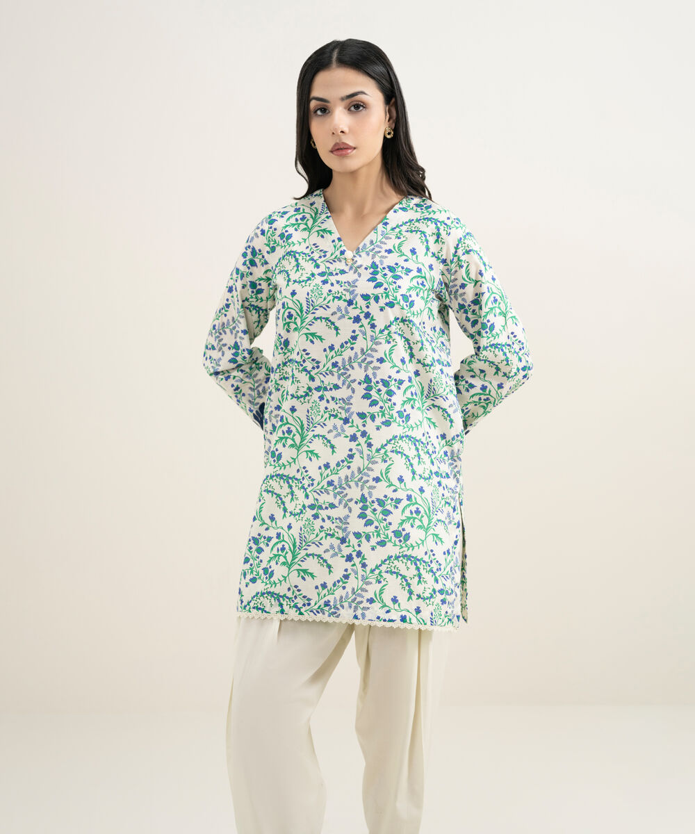 Women's RTW Slub Lawn Embroidered Blue Straight Shirt