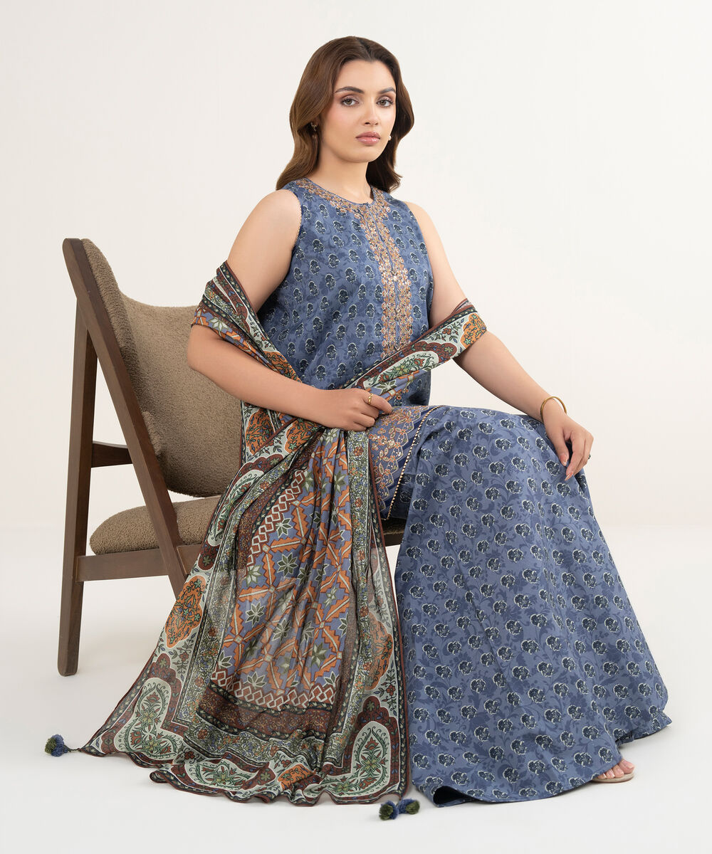 Women's Unstitched Lawn Embroidered Blue  3 Piece Suit