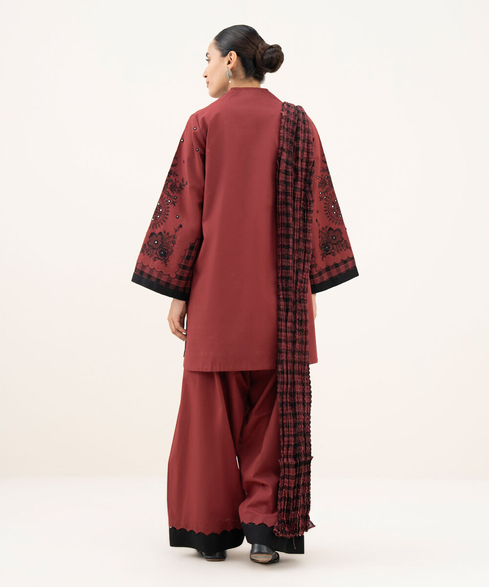 Women's Unstitched Cotton Embroidered Red 3 Piece Suit