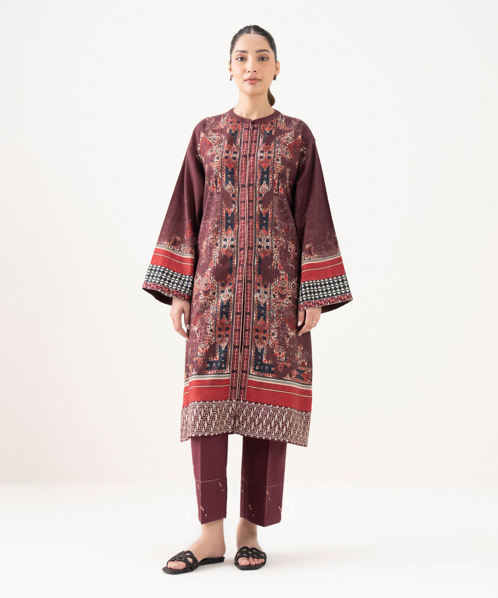 Women's RTW Light Khaddar Embroidered Brown Drop Shoulder Shirt