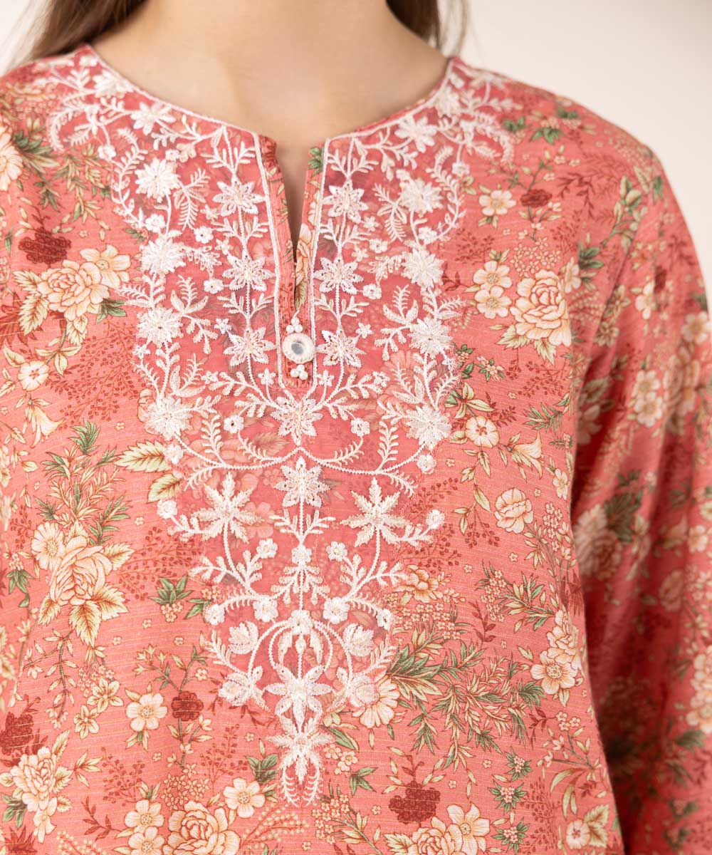 Woman - Pink Embroidered Zari Khaddar Shirt