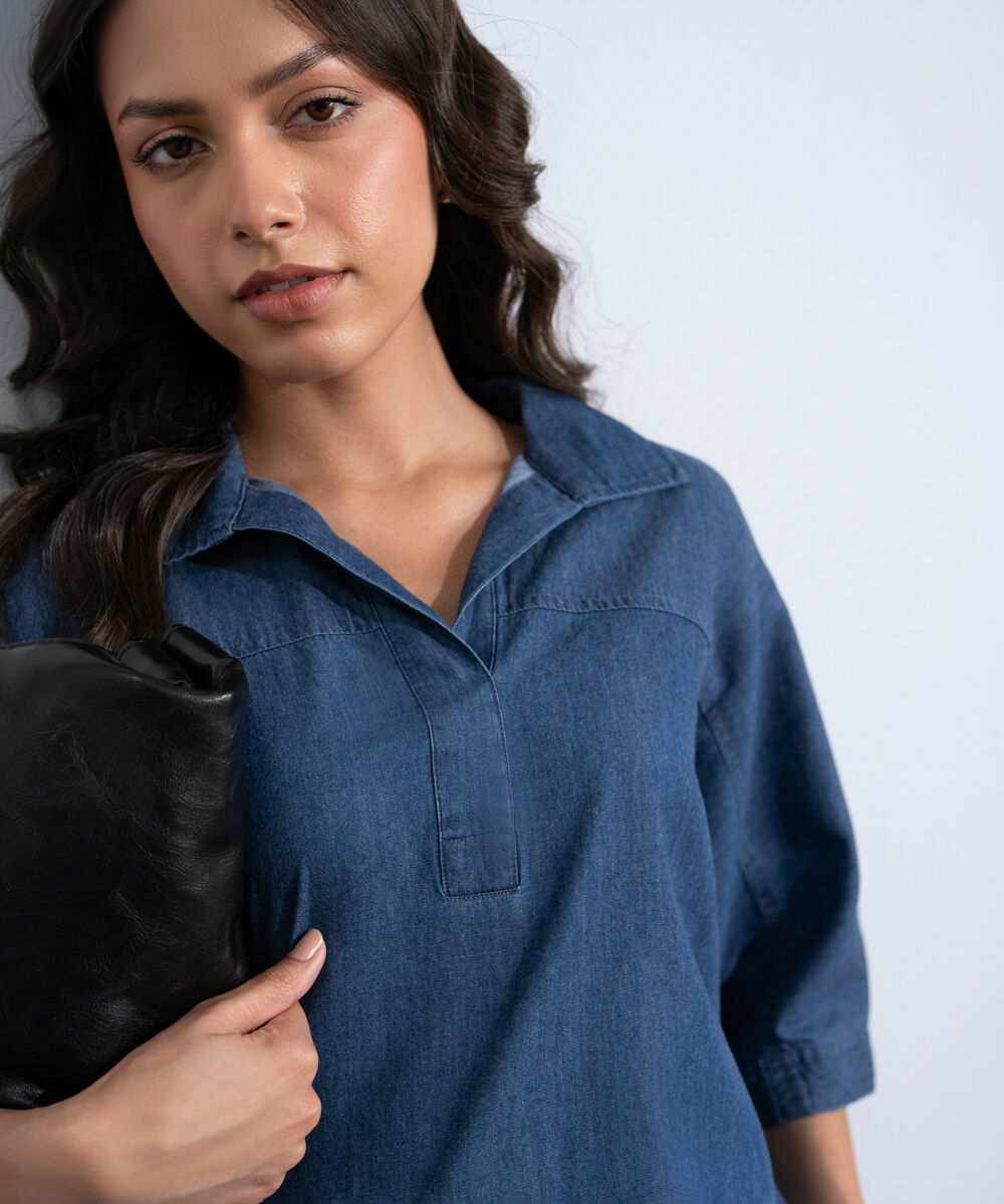 Women's Western Rinse Wash Denim Top With Kimono Sleeve