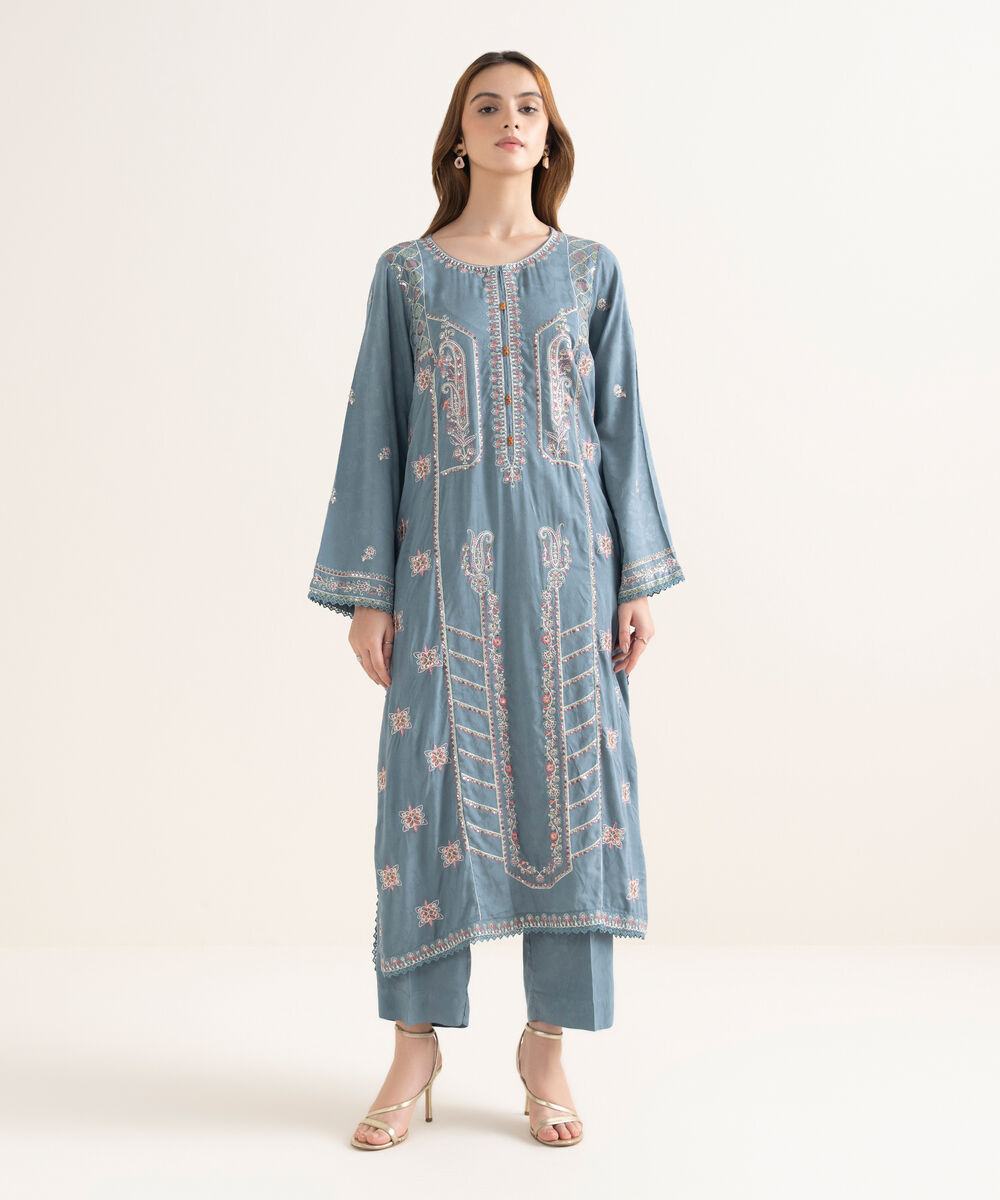 Women's RTW Textured Viscose Embroidered A-Line Blue Shirt