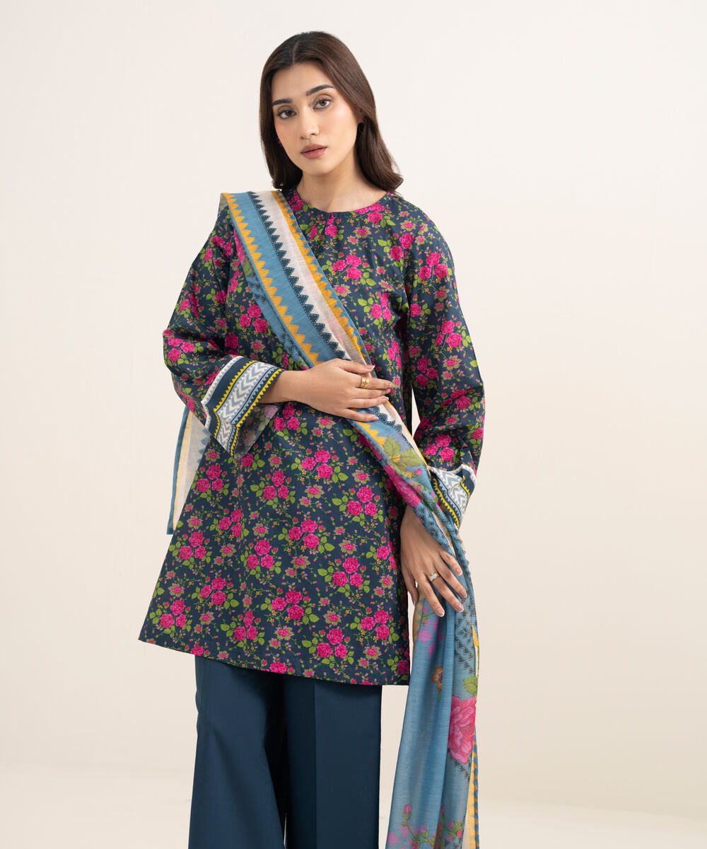 Women's RTW Slub Lawn Printed Dark Blue 3 Piece Suit